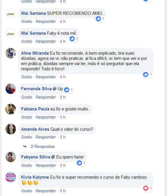 Comentários de alunas recomendando o curso